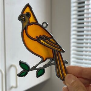 Vintage Orange Cardinal Bird Stained Glass Sun Catcher